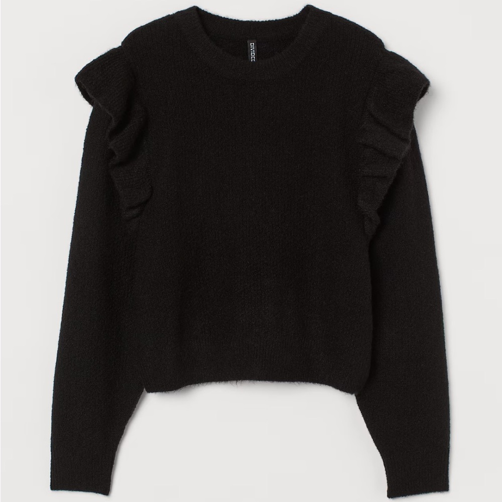 H&M Divided Flounce Trimmed Jumper Sweater L Black NWT Ruffle Goth Minimalist